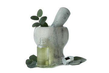 Mortar with eucalyptus and bottle of oil isolated on white background