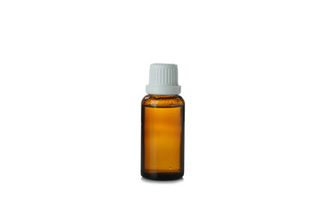 Eucalyptus essential oil in brown bottle isolated on white background