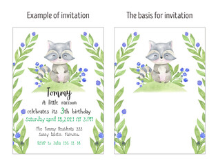 Watercolor Raccoon invitation card, layout. Forest animal . Birthday party, baby shower, Woodland baby illustrations, cute cartoon. Invitation blueberry. Forest Friends Invitation,  funny character, w