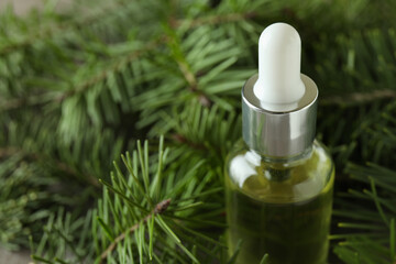 Bottle of pine oil and pine twigs, close up