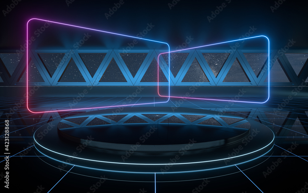Aufkleber dark outer space room with empty stage, 3d rendering.