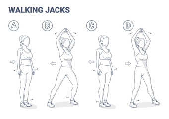 Walking Jacks Exercise Women Workout Guidance. Side Steps with Hands Raise young female Illustration.