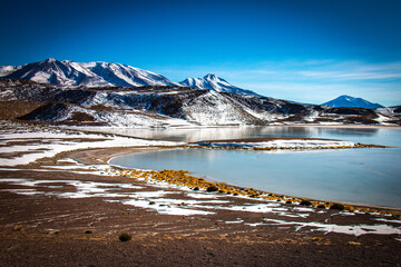 volcanic landscape in bolivia, altiplano, snow