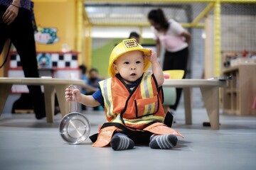 An Asian boy dressed in an engineer suit playing in a children's theme park. Concept for career and education.
