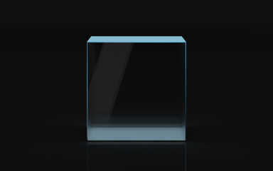 Empty glass showcase with dark background, 3d rendering.