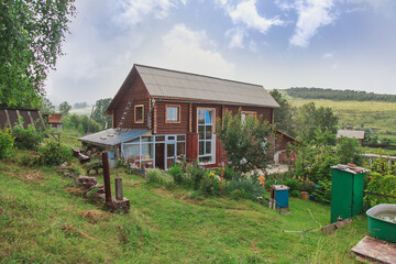 summer wooden house in a birch grove. camping in the woods. tourist base for travelers recreation. eco-friendly construction