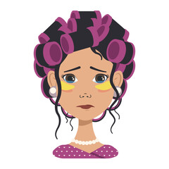 Avatars with different emotions. Girl with pink curlers and yellow patches. Fashion avatar in flat vector art