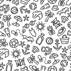 Vector seamless pattern on the theme of summer, sea, holiday, travel and tourism. Background with doodles on white color. Line art for use in design