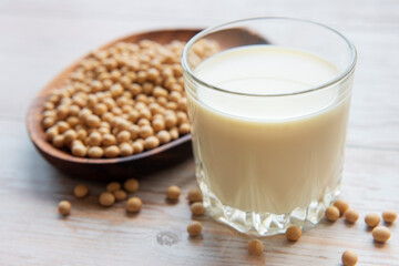 Soy milk and soy on the table