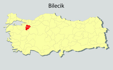 Map of Turkey where Mersin province is pulled out, isolated on background