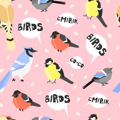 Seamless Pattern with birds and words chirik, co-co. Vector illustration. Paper and textile design. Cute animals. Ornament for children. Speech bubbles, quote, educating.