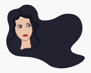 Portrait of a frightened and confused woman. The upset and offended expression on the face of the dark-haired girl. Isolated. Vector flat illustration with place for text. Human emotion concept.