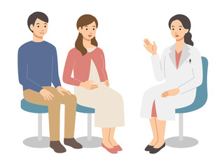 笑顔の若い夫婦と診察する女性医師