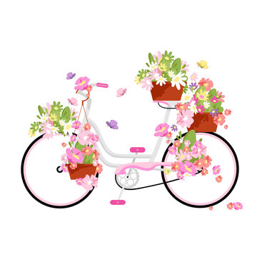 bicycle and flowers. vintage bike for women. flower decoration on a bicycle. vector illustration