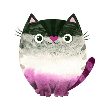 Asexual pride - watercolor clipart. LGBT art, rainbow cat for asexual stickers, posters, cards.