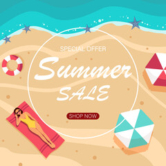 Summer sale banner design with tropical beach top view background. Vector illustration
