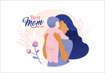 Happy Mother's Day greeting card. Vector illustration of a mother carrying her baby.