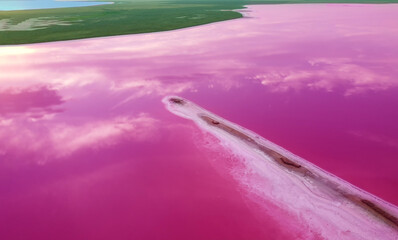 Aerial view of a pink lake and an elongated island of salt and sand. Therapeutic salt lakes with...