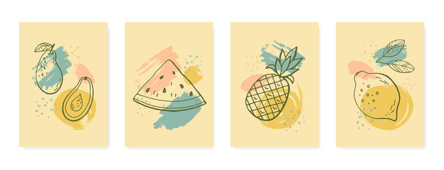 Fruit hand drawing sketch, brush strokes, abstract backgrounds set. Design for greeting card, invitation. Vector stock illustration. 