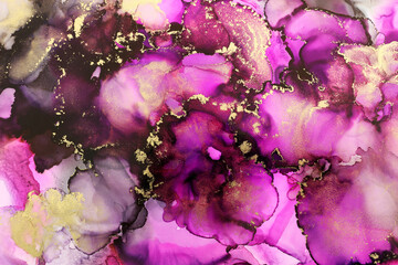 art photography of abstract fluid art painting with alcohol ink, pink'purple and gold colors