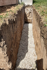 Gravel trench for drainage and drainage, drainage around the house.