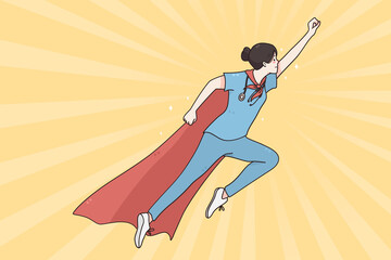 Superhero doctor in medicine during pandemic concept. Doctor female wearing superhero cape flying up ready to help during coronavirus outbreak vector illustration 