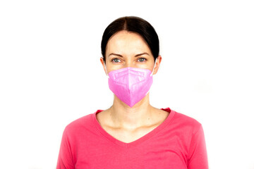 Portrait of woman with pink respirator ffp2