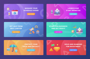 business protect set collection package for web website home homepage landing template banner with gradient color flat style