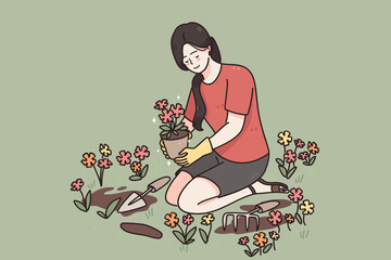 Taking care of plants, growing flowers concept. Young smiling woman cartoon character sitting on floor holding red flower in pot taking care gardening vector illustration 