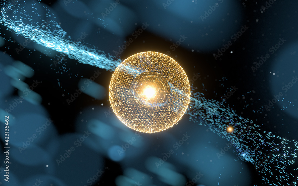 Poster magical particles with abstract shape, 3d rendering.
