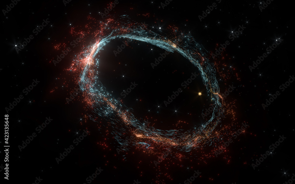Poster magical particles with abstract shape, 3d rendering.