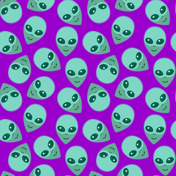 Seamless pattern with Aliens green heads. UFO, Humanoids endless backdrop isolated. Smiling visitors, Martians. Vector illustration, wallpaper on theme of space, conspiracy theory, Sci-fi, fantastic