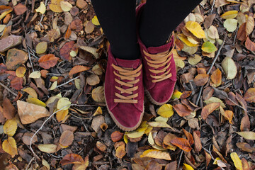 Women's feet stepping on autumn leaves