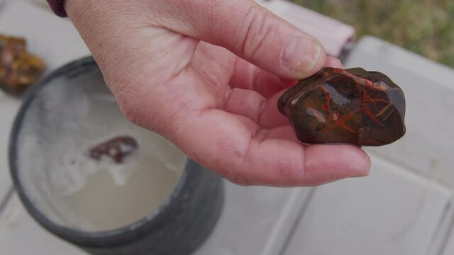 Rock pulled from tumbler barrel after being rinsed while polishing stones to inspect texture, color, pattern, and shape.