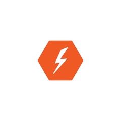 White lightning bolt in red hexagon. simple flat icon. storm or thunder and lightning strike sign isolated on white.