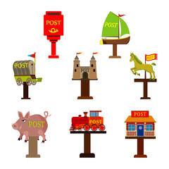 Isolated flat images of original mailboxes for installation in front of the house.
