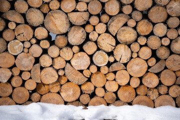 Neatly stacked wooden logs. Preparation of firewood for the winter.