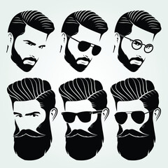 Bearded men, hipster face. Fashion silhouette, emblem, icon, label. Vector illustration.