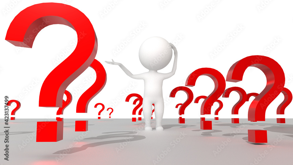Poster question marks asking doubts choices 3d human character thinking - 3d rendering
