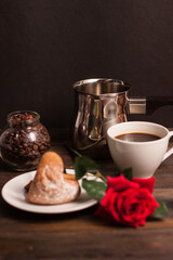 sweet biscuits coffee cup wooden table breakfast romance