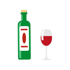 Wine green bottle with cork top and white label and a glass of red wine. Isolated vector illustration.