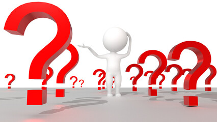 question marks asking doubts choices 3d human character thinking - 3d rendering