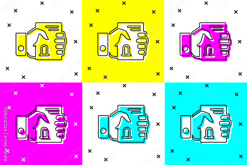 Poster set death certificate in hand icon isolated on color background. vector