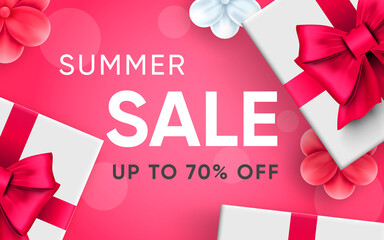 3d poster of Summer Sale realistic design. Discount prices up to 70 percent off website background. Shopping, save money concept. Marketing and promotion. Vector illustration of advertising web banner