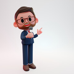 3d render illustration of man, reporter speaking on microphone standing on blue color background