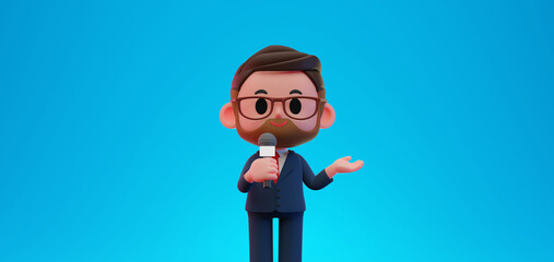 3d render illustration of man, reporter speaking on microphone on blue color background