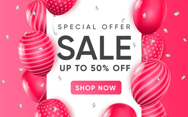 3d poster of Sale Special offer up to 50 percent off realistic design. Discount prices for shopping website background. Retail and purchases. Promotion. Vector illustration of advertising web banner