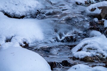 冬の北海道 凍った川の流れ
