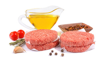 Raw beef patties for making a burger.Isolated on a white background.Selective Focus.