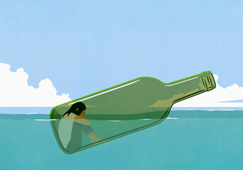 Depressed woman inside glass bottle floating in sea
